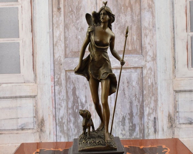 Goddess Hunters with Dog - Diana Bronze Statue - Unique Sculpture Mythology Hunting - Home Decor -