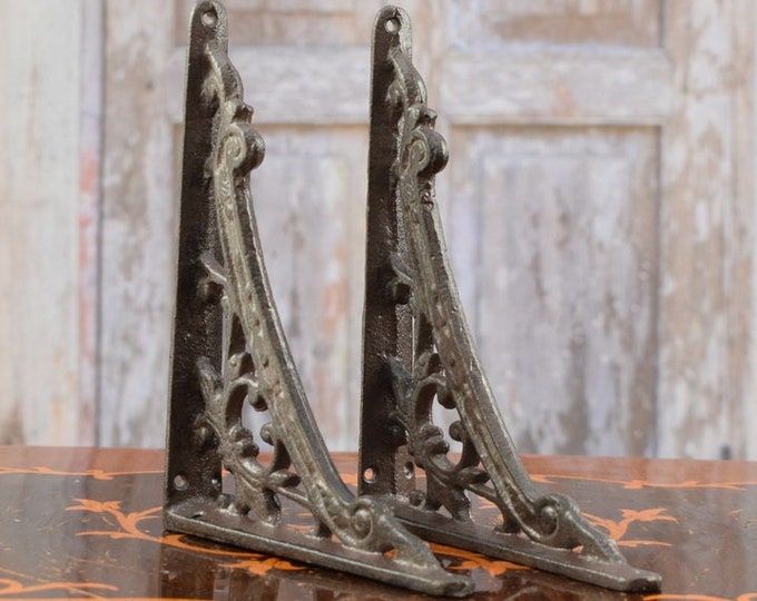 Decorative Hooks for Wall Ledges - Pair Cast Iron Shelf Brackets - Rustic Home and Garden Decor - Solid and Stable - Wall Bookshelf Support