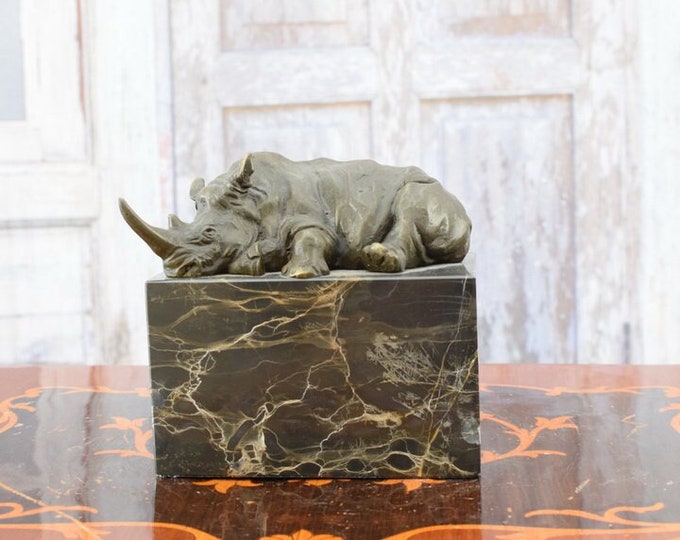 Funny Lying Rhinoceros Bronze Statue - Animal Rhino Sculpture on Marble Base - Excellent Gift Idea - Home Decor