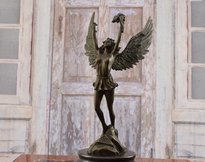 Bronze Goddess of Victory - Victory Raising Torch Statue - Bronze Figurine - Mythology Statue - Home Decor - Richly Decorated - Gift Idea