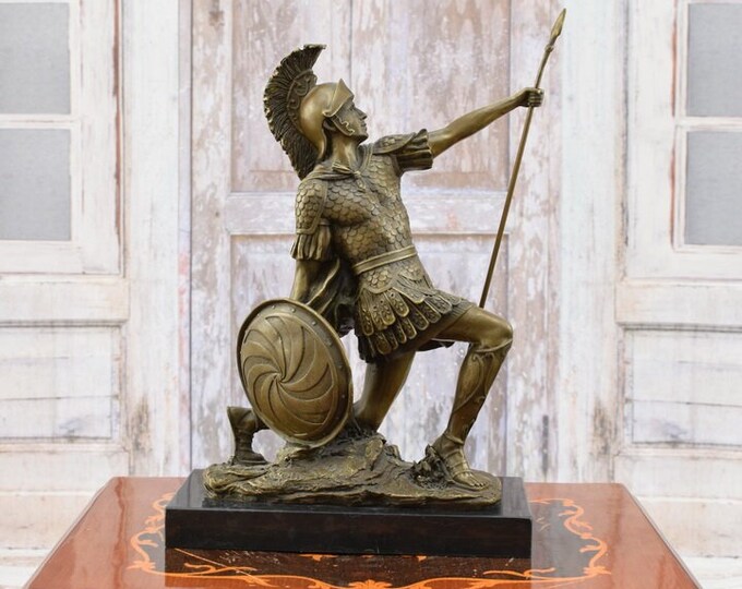 Unique Statue ! Knight Gladiator with Spear and Axe Armor Shield - Bronze Sculpture - Figure Roman Gift Idea -
