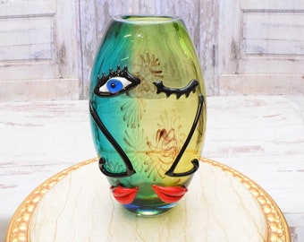 Murano Style Glass Vase with Comical Face - Italian Decorative Sculpture - Unique Home Decor - Ideal Gift Idea - Colorful Glass Flower Pot