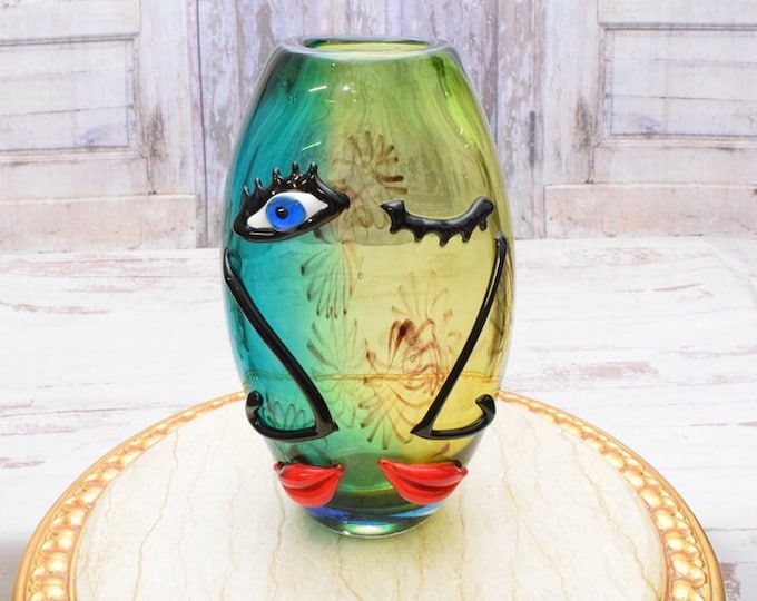 Murano Style Glass Face Vase – Italian Art Glass Sculpture, Colorful Home Decor
