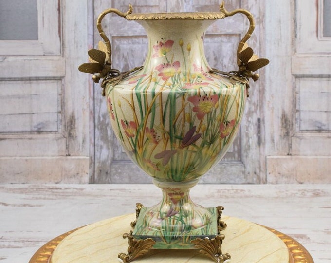 Porcelain Vase with Flowers Design - Flower Pot Porcelain - Two Dragonflies Bronze Ornaments -  Home Decor - Dinner Decor - Gift for Wedding