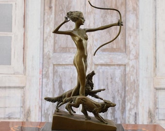 Diana avec Greyhounds Bronze Statue - Chasseurs de déesse mythologique - Cadeau incroyable pour chasseur - Décoration intérieure - Figurine vintage