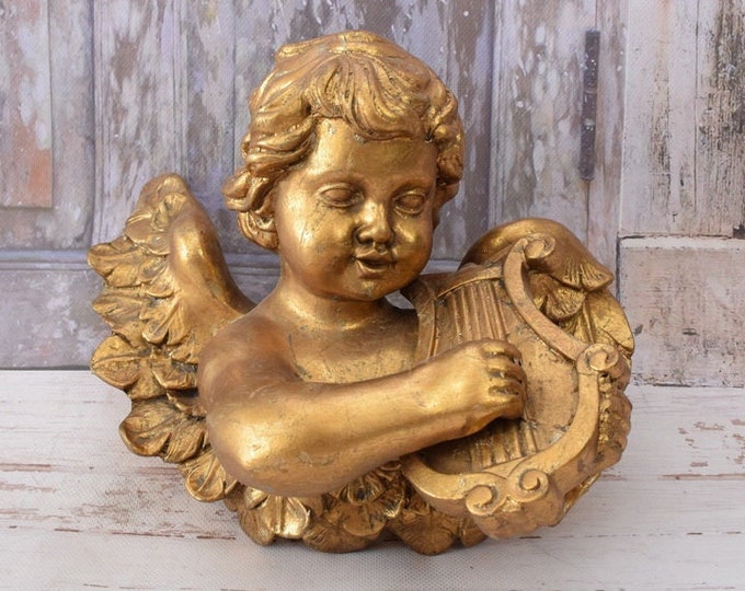 Large Playing Cupid - Goldene Angel - Wall Decor - Church Decor - Home Decor - Unique Statue - Vintage Gift