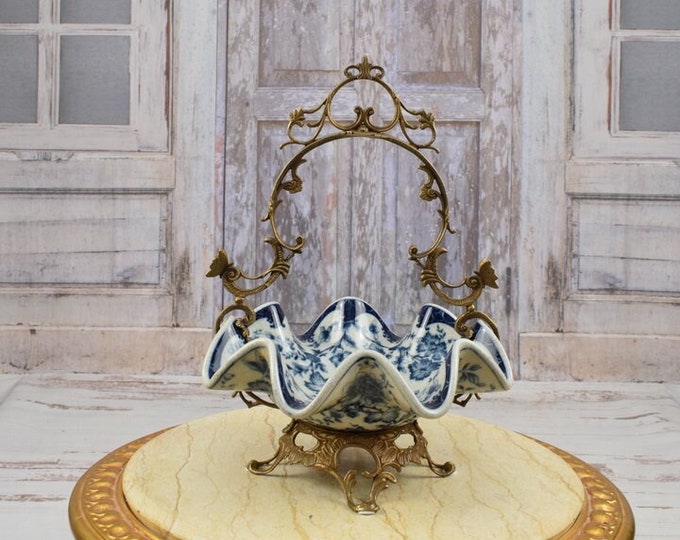 Blue Porcelain Plateau with Bronze Ornaments - Casket Floral Design - Art Nouveau Porcelain - Home Decoration - Regency Decor Kitchen Decor