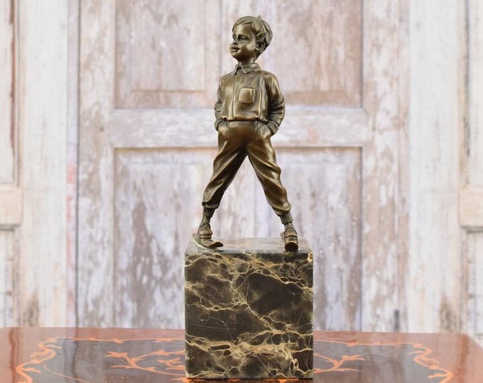 Young Skier Bronze Statue - Skiing Boy on Marble Base - Vintage Skier Figurine - Home Decor - Exclusive Gift for Skier -