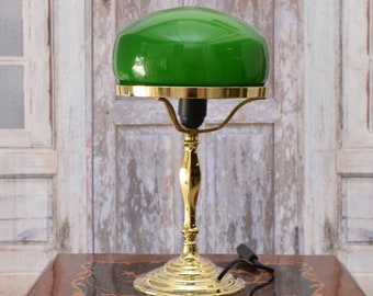 Banker Lamp: Polished Brass Desk Lamp with Green Glass Shade