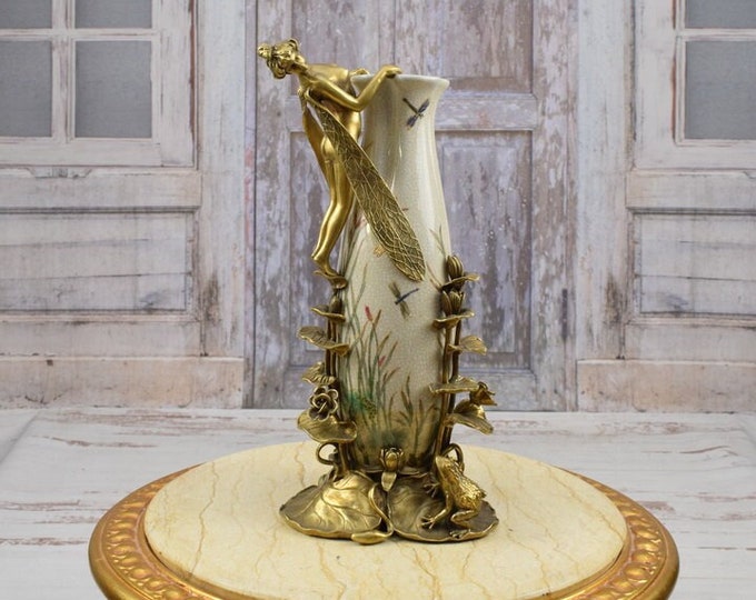 Porcelain Flower Vase - Bronze Ornament Woman and Frog - Gift for Wedding - Richly Decorated - Art Nouveau Vase - Flower Pot Porcelain