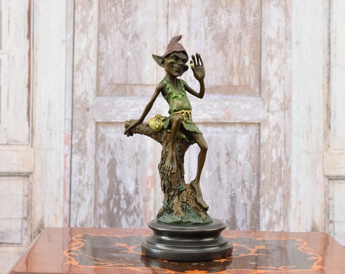 Funny Goblin Sculpture - Pixie Bronze Statue on Marble Base - Funny Gnome Pixie Bronze Sculpture - Elf Bronze -
