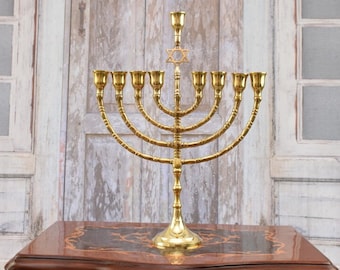 Brass Menorah - Travel Jewish Candlestick - Judaica Gift - Nine-branched Candelabrum - Silver Candle Holder for Nine Candles - Vintage
