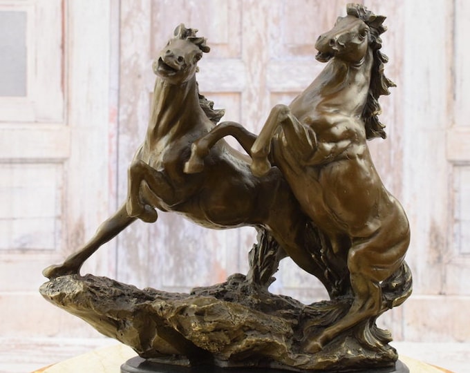 Wild Horses on Rock Bronze Sculpture on Marble Base - Two Galloping Steeds Statue - Foundry Mark -Gift Idea for Horse Lover - Home Decor
