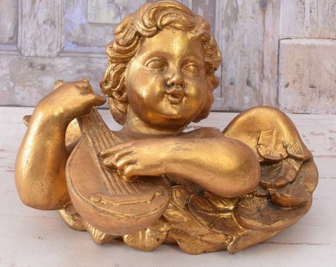 Large Playing Cupid - Goldene Angel - Wall Decor - Church Decor - Home Decor - Unique Statue - Vintage Gift