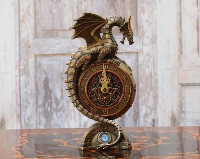 Steampunk Dragon with Clock - Dragon Art Work - Impressive Figure - Steampunk Sculpture - Home Decor - Collector Item