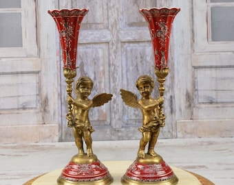Red Porcelain & Bronze Angel Candlesticks: Regency Home Decor