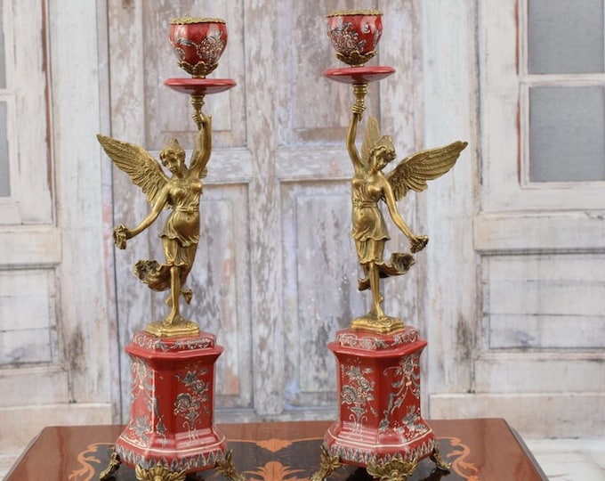 Amazing Red Pair Porcelain with Bronze Candlesticks - Two Victories Bronze Candlestick - Regency Candlestick - Home Decor - Exclusive Gift