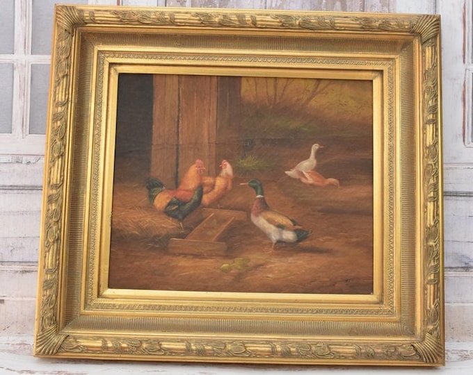 Rooster and hen in the henhouse - painting oil on canvas - painting farm - gift for farmer - wall decor - home decor