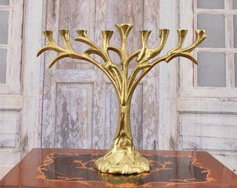 Gold Menorah - Travel Jewish Candlestick - Judaica Gift - Nine-branched Candelabrum - Aluminum Candle Holder for Nine Candles - Vintage