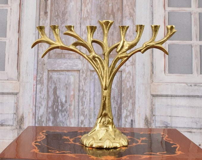 Gold Menorah - Travel Jewish Candlestick - Judaica Gift - Nine-branched Candelabrum - Aluminum Candle Holder for Nine Candles - Vintage