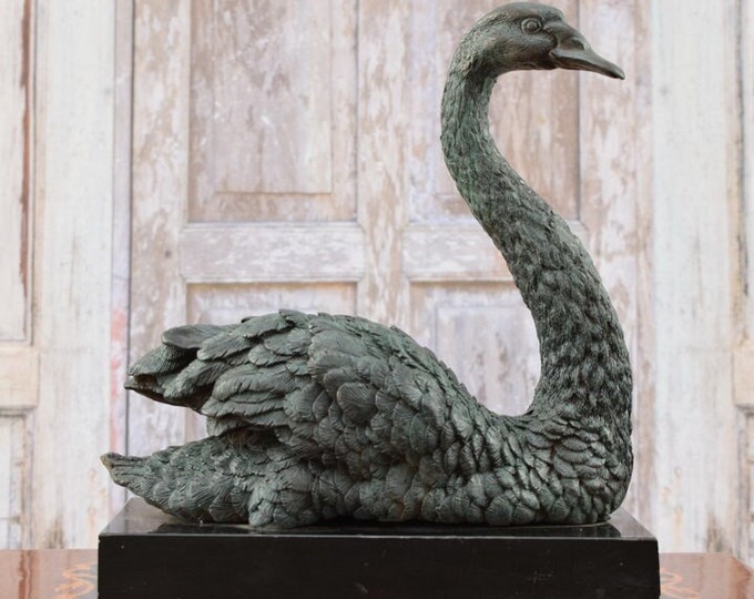 Blue Patina Swan Bronze Statue on Marble Base - Foundry Mark - Very Realistic Figurine - Exclusive Gift for Wedding - Home Decor