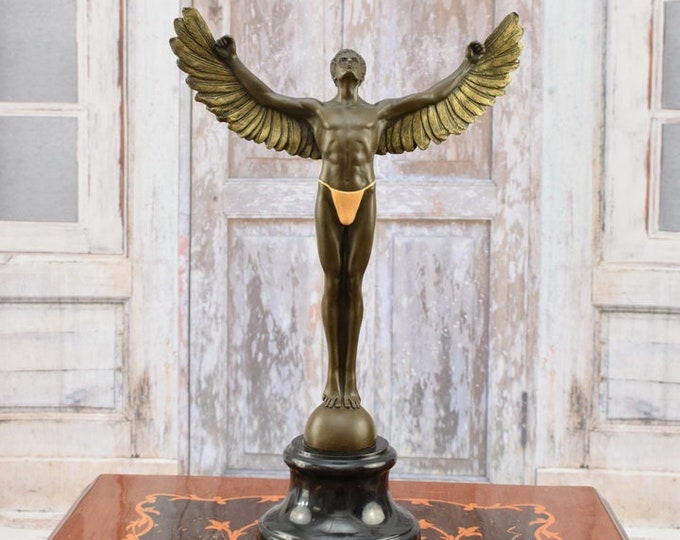 Icarus Large Bronze Sculpture on Marble Base - Winged Woman Bronze Sculpture - Female Mythology Act Figurine - Statue Art Nouveau Style