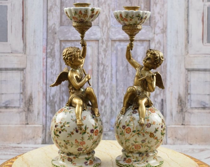Pair Set Porcelain with Bronze Angel Candlestick - Two Angels Bronze Statues - Home Decoration - Elegant Vintage Gift Idea - Candleholders