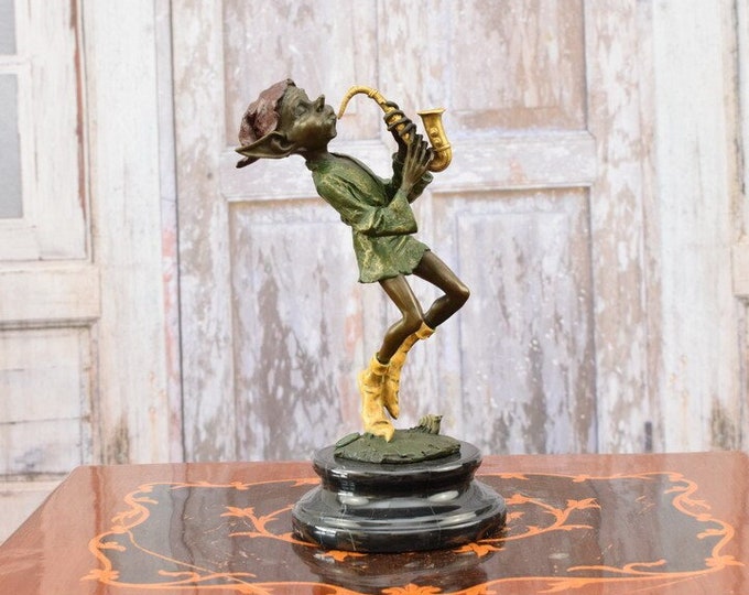 Pixie Playing the Saxophone - Gnome Bronze Statue on Marble Base - Funny Statue - Elf Bronze - Home Decor - Gift Idea