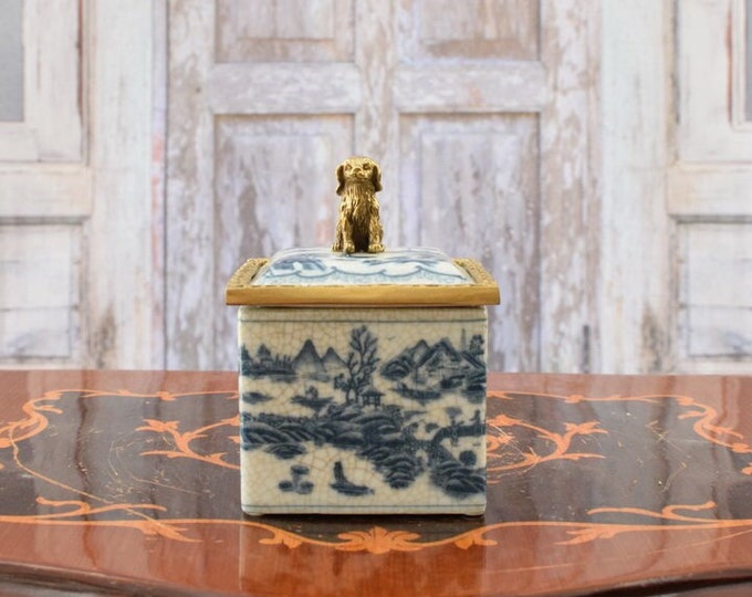 Porcelain Box with Lid - Bronze Brnaments and Dog Sculpture - Japanese Ornaments - Blue Exclusive Casket - Gift Idea - Home Decor