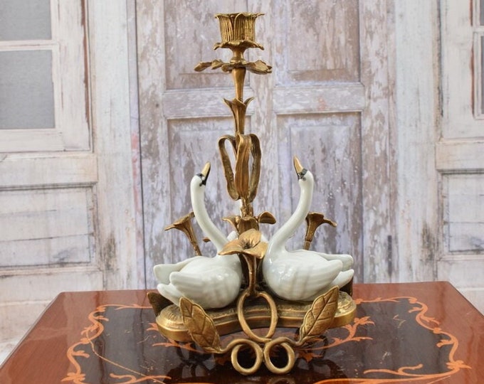 Amazing Bronze and Porcelain Candlestick - Three Figurines Swans - Swan Statue  - Unique Candlestick - Luxury Home Decor - Gift Idea
