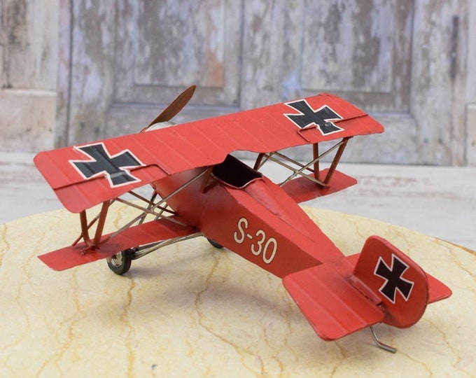Large Vintage Red German Airplane - Old Classic Metal Model - Toy Gift Idea - Old School Collector Item - Home Decor - Vintage Red Plane