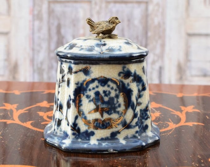 Porcelain Casket - Blue Box - Bronze Statue Bird - Flowers Ornaments - Vintage Porcelain - Unique Home Decor - Richly Decorated