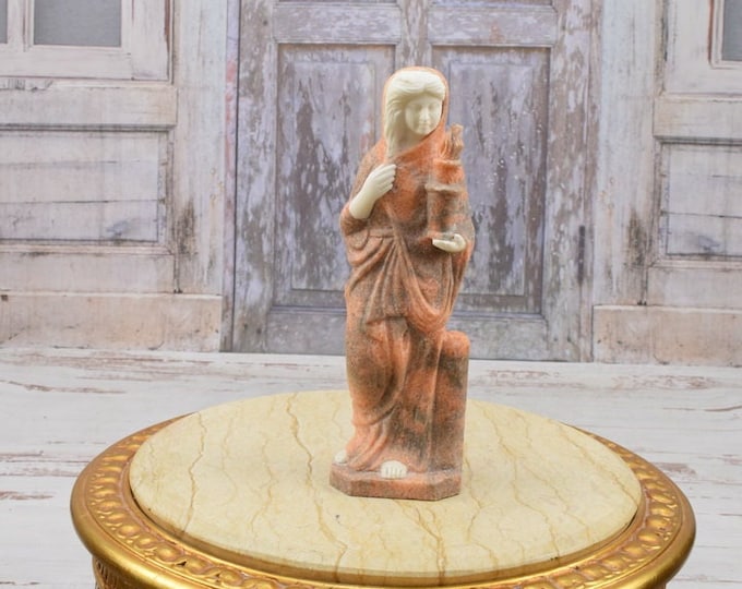 Amazing Marble Woman with the Olympic Torch - Camellia Lady Marble Pedestal - French Sculpture - Marble Art Deco - Exclusive Gift Idea