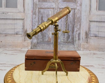 Stand Brass Telescope with Wooden Box - Decoration Office - Retro Nautical Decoration - Perfect Gift for Boss - Vintage Interior Accent
