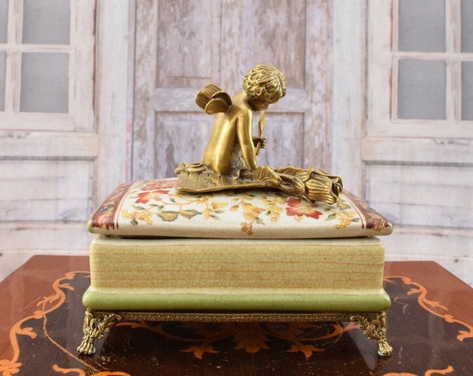Angel Writing a Letter Bronze Statue - Porcelain Casket with Bronze Ornaments - Home Decor - Richly Decorated - Unique Gift