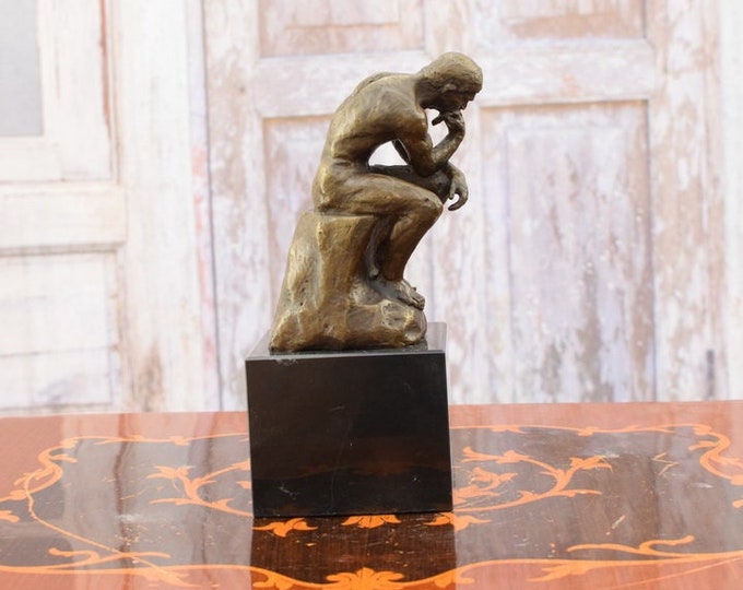 Thinker Auguste Rodin - Bronze Statue on Marble Base - Amazing Gift Idea - Home Garden Decor - Foundry Mark -