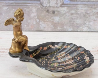 Vintage Art Nouveau Porcelain Soap Dish - Black Plateau with Bronze Angel