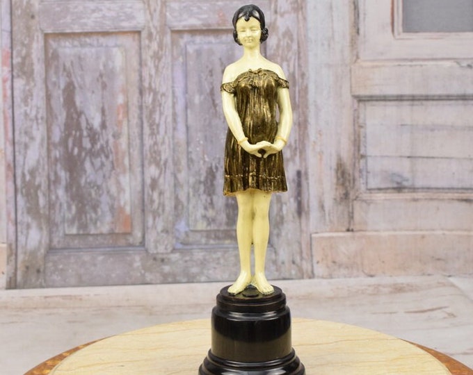 Young Innocent Girl Bronze Statue on Marble Base - Art Deco Bronze - Home Decor - Hand Painted Bronze Statue called Bedtime Girl