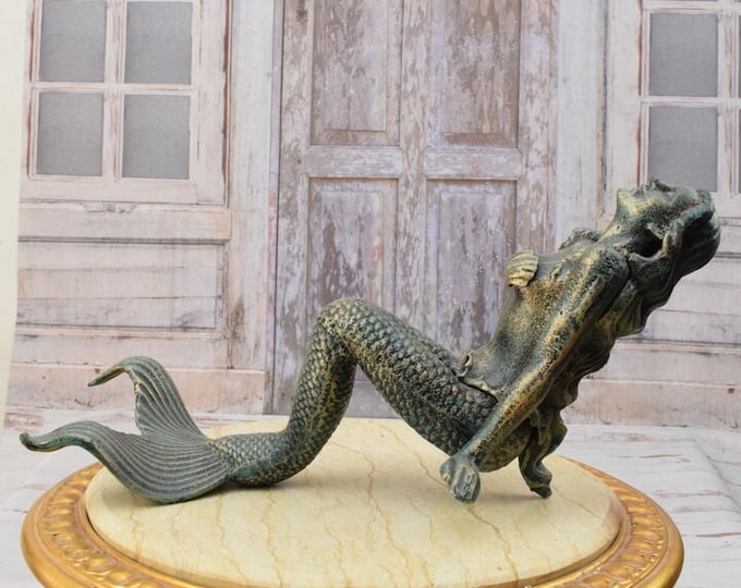 Cast Iron Mermaid Statue - Mermaid Green Patina Painted Sculpture - Elegant Home and Garden Figurie - Woman with Fins - Gift Idea