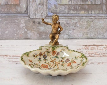 White and Green Soap Dish Porcelain - Vintage Plateau Porcelain with Bronze Angel - Art Nouveau Porcelain - Flowers Ornaments - Vintage Gift