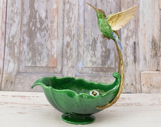 Vintage Art Nouveau Porcelain Bird Statue – Green & Bronze Figurine