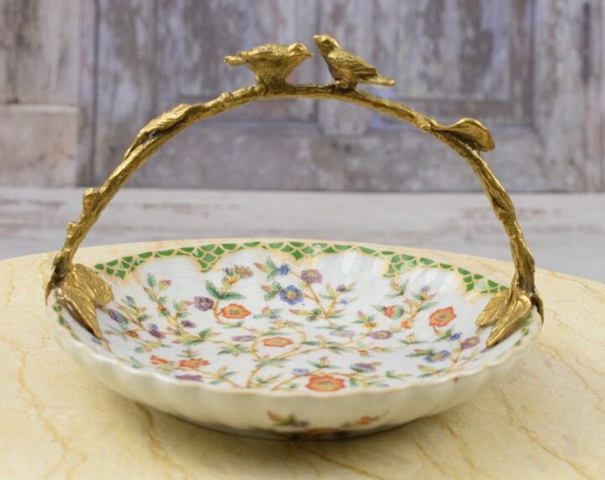 Plateau Porcelain with Bronze Birds - Bronze Ornaments - Richly Dedcorated - Bowl Porcelain - Home, Kitchen Decor