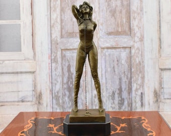 Bronze Woman Sculpture with Knee High Boots on Marble Base