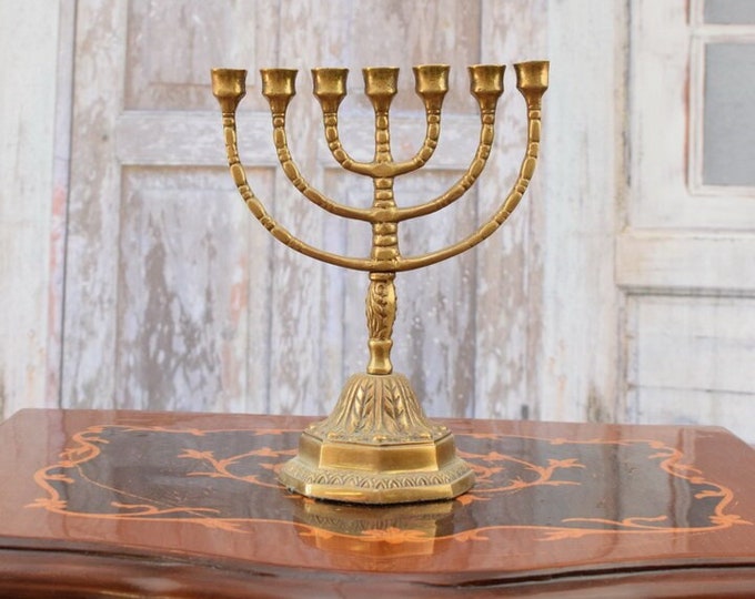 Brass Menorah - Travel Jewish Candlestick - Judaica Gift - Seven-branched Candelabrum - Silver Candle Holder for Seven Candles - Vintage
