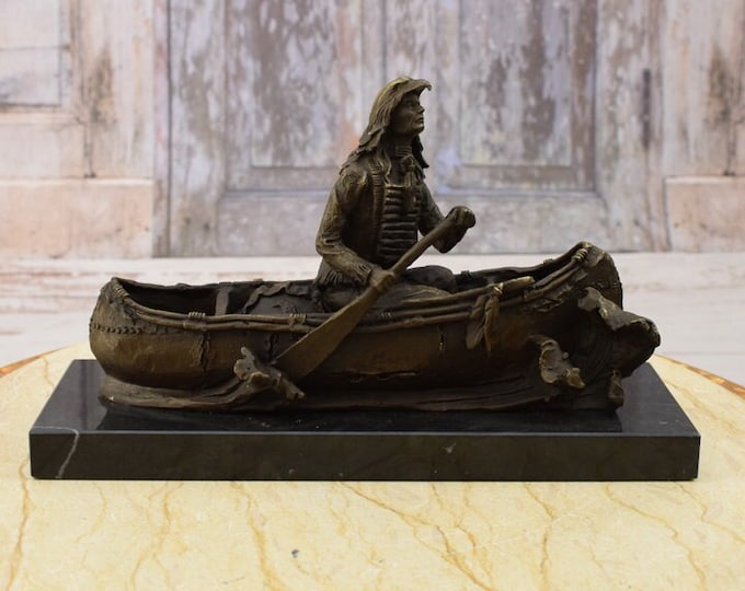 Luxurious Statue Indian on a Boat - Bronze Sculpture on Marble Base - Apache Figurine - Foundry Mark - Gift Idea -
