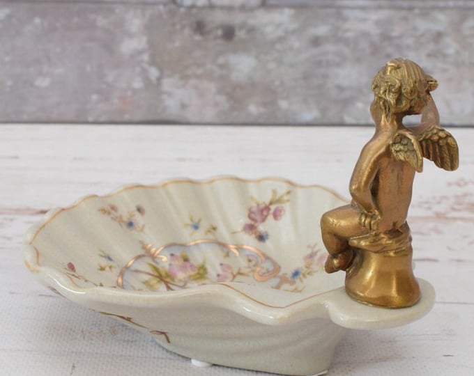 Unique Soap Dish Porcelain - Vintage Plateau Porcelain with Bronze Angel - Art Nouveau Porcelain - Flowers Ornaments - Vintage Gift