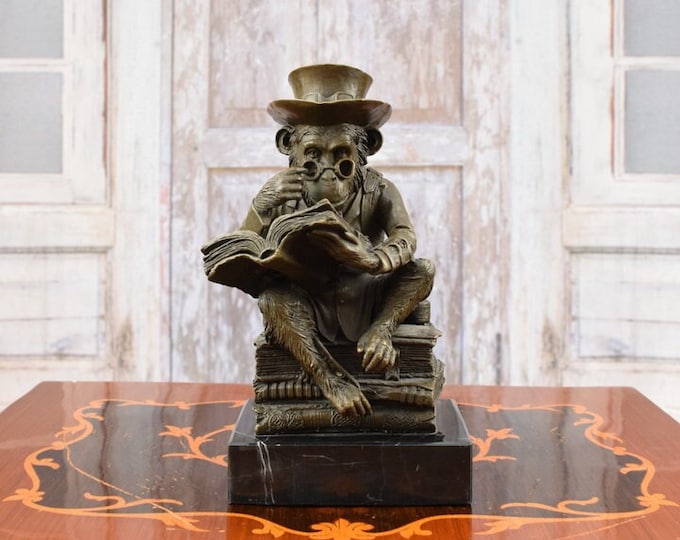 Steampunk monkey reading book - figurine bronze statue - steampunk monkey in hat - gift good idea - amazing home decor