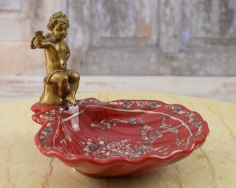 Vintage Red Porcelain Soap Dish: Art Nouveau Bronze Angel Decor