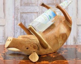 Teak Wood Pig Wine Rack: Funny Home Decor Statue