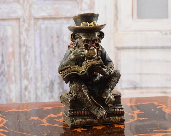 Steampunk monkey reading book - figurine metal bronze - steampunk monkey in hat - gift good idea - amazing home decor
